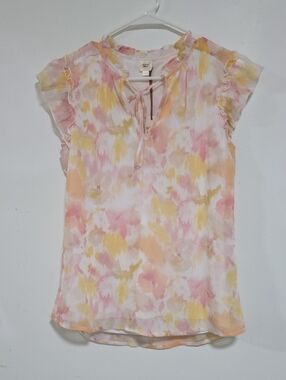 Tie-Neck Ruffle Sleeve Blouse - Pastel Pink & Yellow